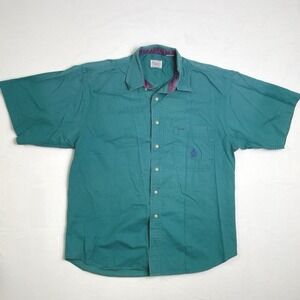Vintage Bugle Boy Company Teal Button Up Short Sleeve Shirt Men's M Embroidered